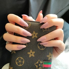 JUSTOTRY Pack of 24 Peach Pink Nails for Sticking, Short, Plain Almond Press On Nails Pattern, Glossy Oval Artificial Nails, Fake Nails, Medium, French Fingernails, Artificial Nails for Women