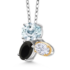925 Silver and 10K Yellow Gold Sky Blue Aquamarine Black Onyx and White Moissanite Pendant Necklace For Women (2.40 Cttw, Oval 8X6MM, 7X5MM and 6X4MM, Gemstone March Birthstone, with 18 Inch Chain)