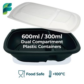 Fenton Packaging 15 X Microwavable Meal Prep Food Storage Containers with Lids, Double Compartment, BPA-Free, Leakproof, Stackable, Black, Airtight Clear Lid - Sabert