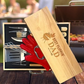 Engrave My Memories 11-Piece BBQ Grilling Set with Engraved Maple Wood Box, Stainless Steel Tools with Wooden Handles, Ideal Gift for Dad on Birthday, Father’s Day - Best Flipping Dad