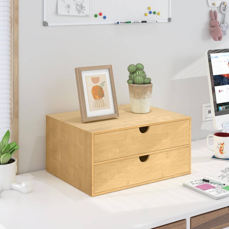 Bamboo Desk Drawer Organizer, Large Desktop Organizer with Drawers Tabletop