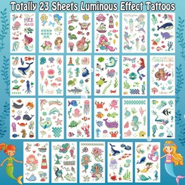Leesgel Children's Mermaid Tattoo, 300 Styles (23 Sheets), Luminous Temporary Tattoo Stickers, Girls, Children's Tattoos, Mermaid Party Bags, Mermaid Birthday Decoration, Gifts, Girls Toy