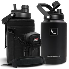 NATURE PIONEOR 1 Gallon Insulated Water Bottle - Double Vacuum Stainless Steel 128 oz Water Bottle with Holder, Wide Mouth & 2-in-1 Lid (Flip Straw & Spout), 1 Gallon Water Jug, Hiking, Camping, Gym