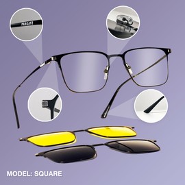 Magnetic Sunglasses Clip on for Men & Women - UV400 Polarized - Anti-glare - Fit Over for Night Driving - With Case (Square, Black)