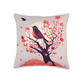 Big Robin red breast bird sitting on an autumn tree Throw Pillow