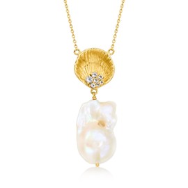 Ross-Simons 13-16mm Cultured Baroque Pearl and Seashell Necklace With .40 ct. t.w. White Topaz in 18kt Gold Over Sterling. 18 inches