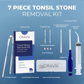ORAVIX Tonsil Stone Remover Kit | Tonsil Stone Removal & Prevention | Sore Throat & Bad Breath Solution | Lighted Tonsil Pick with 3 Nozzles, Curved Tip Syringe & Copper Tongue Scraper| User Manual | ORAVIX