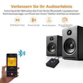 1Mii Bluetooth 5.0 Empfänger, Bluetooth Audio Adapter fürs Musik-Streaming-Sound System, drahtloser Audioadapter mit 3.5mm RCA für Lautsprecher Stereoanlage, Bass-Modus, 12 Stunden Spielzeit