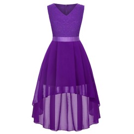 Girls Floral Lace Purple Dress Christmas Bridesmaid Vintage Formal Cocktail Party Swallowtail Swing Dresses 7-14 Years