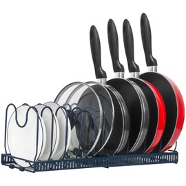 ROOHUA Pot Rack Organizer -Expandable Pot and Pan Organizer for Cabinet,Pot Lid Organizer Holder with 10 Adjustable Compartment for Kitchen Cabinet Cookware Baking Frying Rack (Dark Blue, 10)