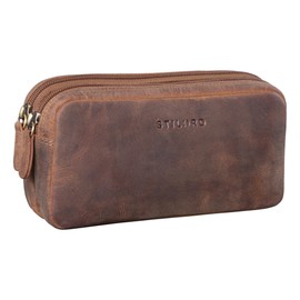 STILORD 'Eddie' Pencil Pouch Case Leather Pen Cases with 2 Zipped Compartments Vintage Pencil Bag Cosmetic Bag Organizer Genuine Leather, Colour:Middle Brown