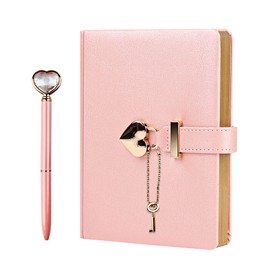 Relota Diary with Heart Lock B6 Pink Heart-Shaped PU Leather Notebook with Key, Heart Diamond Pen, Personal Planner Organiser, Secret Notebook for Women, Children Gift
