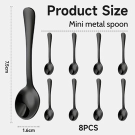 GlamRays Pack of 8 Tiny Stainless Steel Spoons for Spice Jars, Mini Size 7.5 cm, Cute Small Stainless Steel Spice Spoon for Spices, Salt, Fun Little Scoops (Black)
