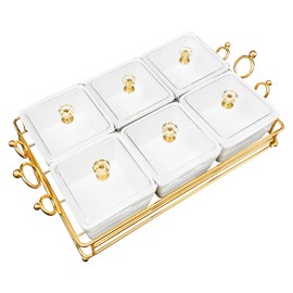 YA JU Ceramic Bowls and with Lid Gold Basket Trays, 6 Removable Small Bowls Condiment Trays Nut Serving Set for Snacks, Fruits, Candy and Condiments -Great for Parties, Holiday Gifts, White