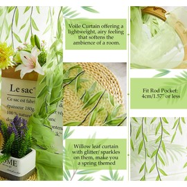 niCWhite 2pcs Willow Curtain Leaf Tulle Voile Curtains Rod-Pocket Green Sheer Curtains 39"x78.7" Window Room Scarf Door Bed Drape Panels Window Treatments for Bedroom Living Room