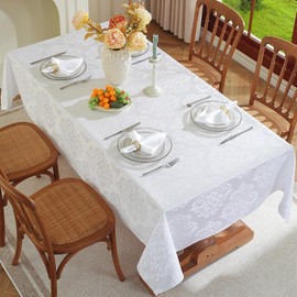 Damask White Tablecloth Rectangle 52 x 70 Inch, Floral Jacquard Waterproof Stain Resistant Polyester Table Cloth, Fabric Table Cover For Dining/Party/Wedding/Indoor/Outdoor, Oblong 4-6 Seats