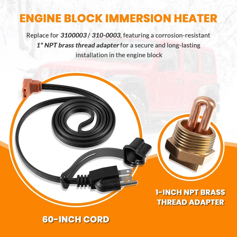 3100003 Engine Block Immersion Heater for Eagle, Jaguar, Jeep, Renault,