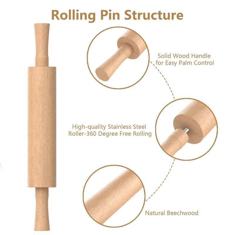 Mepple Classic Wooden Rolling Pin with Handle for Fondant, Pizza,