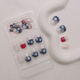 4th of July Extra Short Press on Nails Square Glue on Nails White Star Fake Nails Red Blue White Translucent Acrylic Nails Independence Silver Glitter Stick on Patriotic Nails for Women 24 Pcs