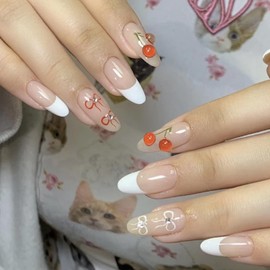 MISUD Press on Nails Medium Almond Fake Nails Glossy Glue on Nails Stiletto Acrylic Nails White French Tip Artificial Nails Bow Cherry Stick on False Nails with Rhinestone Design 24 pcs