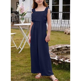 DOKOTOO KIDS Girls Casual Sleeveless Ruffle Jumpsuits One Piece Straight Wide Leg Long Pant Romper for Summer Beach Navy Blue 14-15 Years