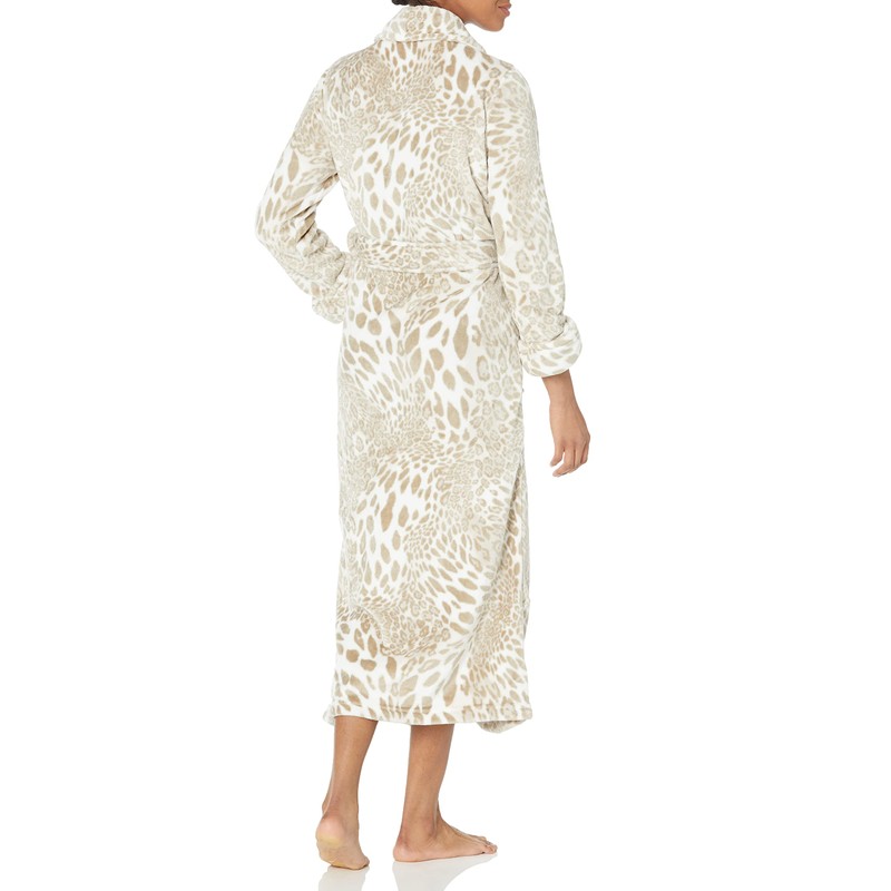 Natori Women's Plush Leopard Robe Length 52", Sand Taupe, Small