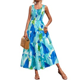 PRETTYGARDEN Sleeveless Smocked Dress Women Square Neck High Waist Floral Summer Wedding Guest Dresses for Women 2025 (Blue Green White Flower, Small)
