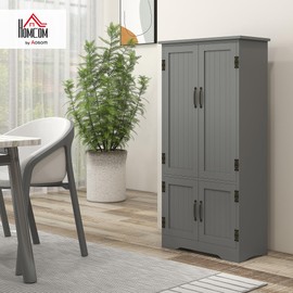 HOMCOM 48.5" Kitchen Pantry Cabinet with 2 Adjustable Shelves and 4 Beadboard Doors, Compact Farmhouse Kitchen Storage Cabinet for Dining Room, Gray