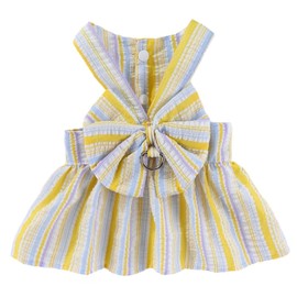 Dog Dress Harness Leash Cute Dog Dresses for Small Dogs Girl Summer Puppy Clothes Outfit with Bowknot, Striped, Button Closure Design, Yellow M