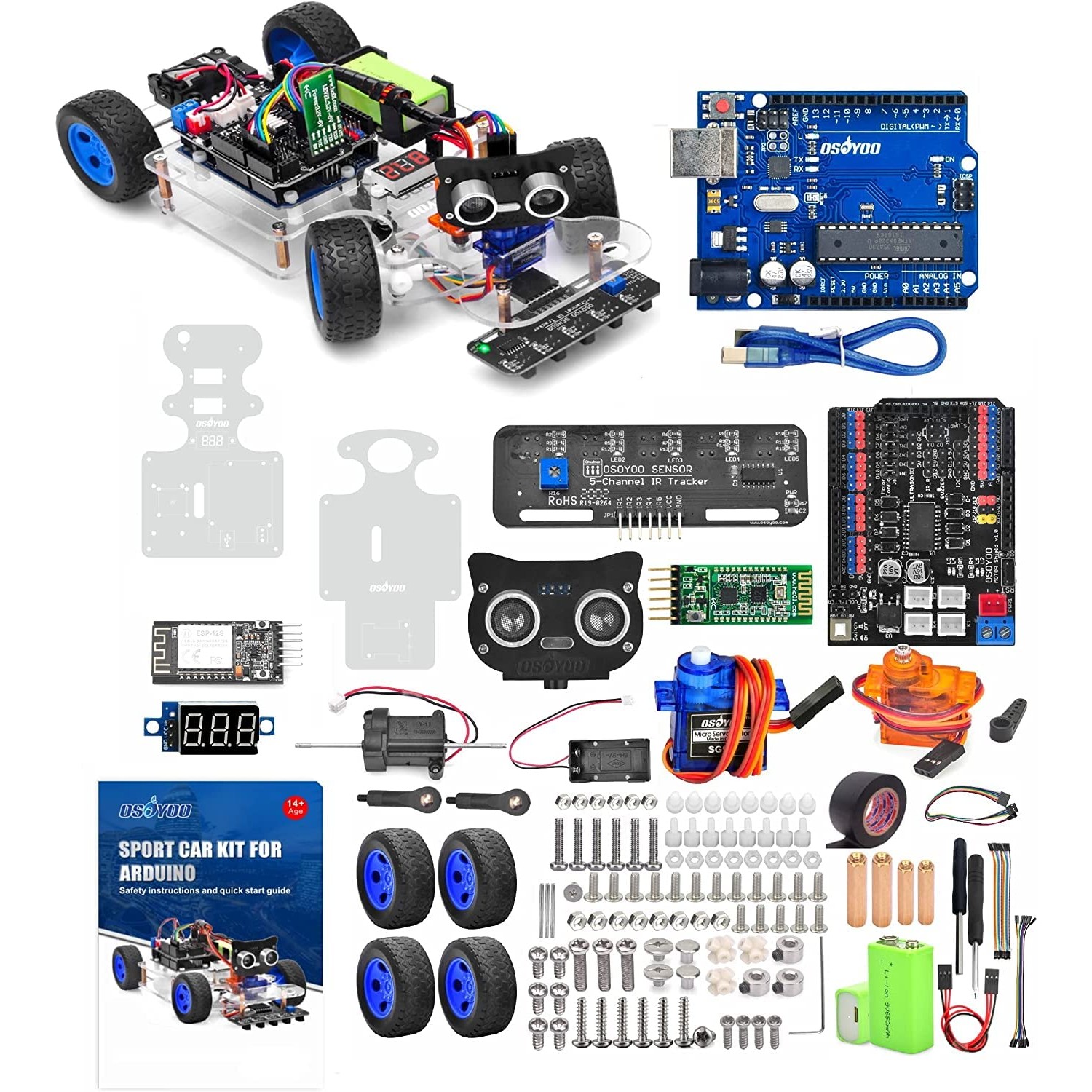 OSOYOO Arduino UNO Robot Car Smart Car Kit Servo Steering Rack DIY Kit ...