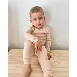 moimoln Solid Soft Cotton Modal Baby Toddler Boys Girls Snug fit Pjs Pajama Long Sleepwear Pale Beige 12-18m