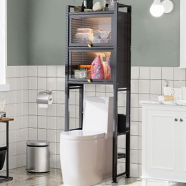 Perdisheng Over The Toilet Storage Cabinet, 3 Tier Over Toilet Storage Rack with Flip Door and Non-Slip Feet, Bathroom Shelf Organizer with Metal Frame, Home Space-Saving Toilet Rack