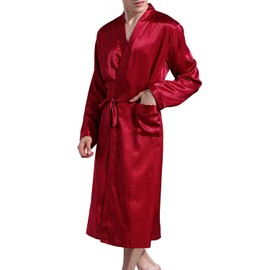 Lu's Chic Men's Silk Robe Lightweight Satin Kimono Summer SPA Lounge Long Sleeve Silky Bath Robe Soft Knee Length Bathrobe with Pocket Red XX-Large
