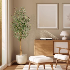 GarveeHome Faux Olive Tree 5ft,Tall Artificial Tree Indoor with 2 Natural Wood Trunks, Fake Plants Potted in White Planter, Floor Plants for Living Room House Decor,1PCS