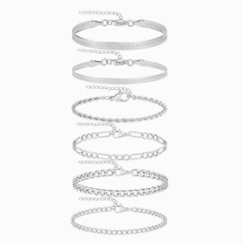 Auyisci Silver Bracelets for Women Silver Chain Bracelet Sets for Women Dainty Link Paperclip Bracelets Cuba Stackable Layered Metal Link Bracelet Set Anklet Cuban Link Chain Anklets Set for Women Summer Jewelry for Women