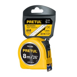 Pretul PRO-8ME, Flexómetro, amarillo, 8m, cinta 25 mm, Pretul, tarjeta plástica