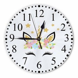 KEEPSUPER Unicorn with Glitter Wall Clock Flowers and Stars Clock 10 Inch Silent Non-Ticking Clocks Battery Operated for Home Living Laundry Room Kitchen Bedroom Office