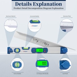 Dasqua Digital Angle Finder Protractor 220°,4-in-1 Digital Protractor Spirit Level Meter,Digimatic Torpedo Level and Protractor with 15'' inch Leg Extension for Carpenter Woodworking Home Decoration