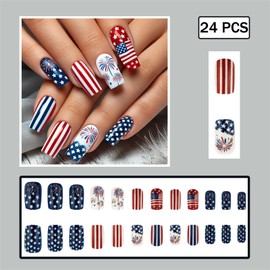 4th of July Press on Nails Medium Square Fake Nails Independence Day French Tips Firework Design False Nails Full Cover Glossy American Flag Stick on Nails for Women Patriotic Nails Decoration 24Pcs