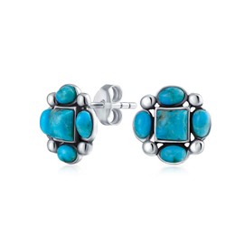Southwestern Native American Style Genuine Gemstone Stabilized Turquoise Concho Western Stud Earrings For Women .925 Sterling Silver