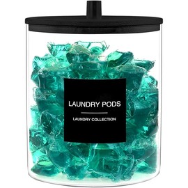 TIPGO Laundry Pods Container with 27 Labels, Glass Jars for Laundry Room Organization, Detergent Holder with Bamboo Lid, Cute Storage Jars, Black (Set of 1)