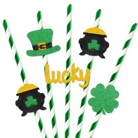 JarThenaAMCS 48Pcs St. Patrick's Day Paper Straws Foil Green Drinking Straws with Glitter Lucky Shamrock Hat Disposable Stripe Straws for Irish Holiday Beverage Cocktail Birthday Party Supplies