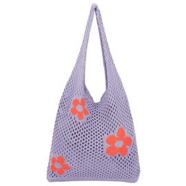 Ausing Crochet Tote Bag Beach Bag Shoulder Bag Women's Hollow Design Lightweight Travel, purple
