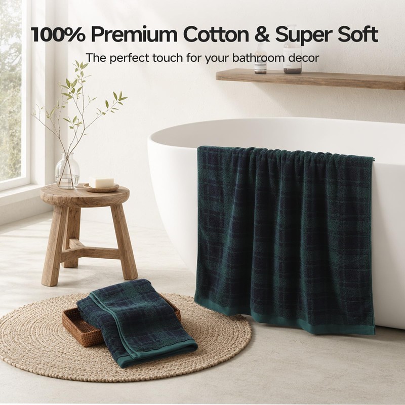 REDKISS 100% Cotton Bath Towels Set, Checkered Towel for Bathroom,