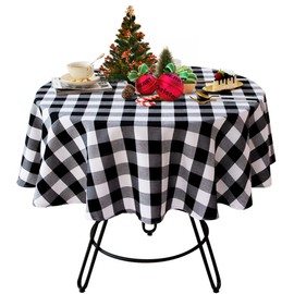 Wracra Cotton Linen Checkered Round Tablecloth Rustic Buffalo Plaid Table Cover for Kitchen Dinning Room Party Home Picnic (Black and White, 47 inch)