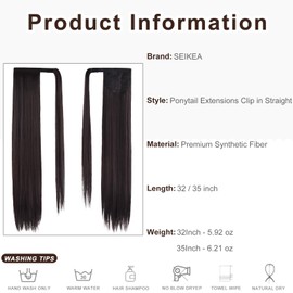 SEIKEA 35 Inch Clip in Ponytail Extension Wrap Around Long Straight Pony Tail Hair Synthetic Hairpiece for Women -Dark Brown