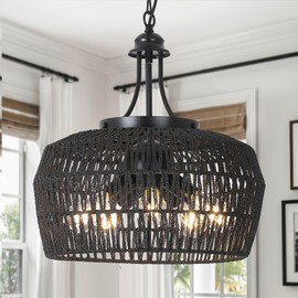 HMVPL Black Rattan Chandeliers for Dining Room, 5-Light Farmhouse Chandelier Light Fixture with Wicker Lampshade, Large Boho Coastal Hanging Pendant Lightting for Kitchen Island Bedroom Living Room