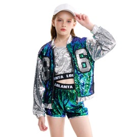 LOLANTA 4 Pieces Girls Hip Hop Dance Costume Kids Sequins Jazz Dance Clothing Set Socks Attached 4-15 Years, Green