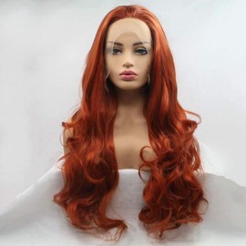 Angle Lucky Long Wavy Copper Red Synthetic Wig for Women Natural Hairline Ginger Red 13x4 Lace Frontal Wig Heat Resistant Free Part Glueless Wigs for Daily Party 24’’