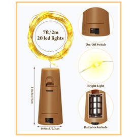 60 Pack Wine Bottle Lights with Cork, Cork Bottle Lights with Batteries Mini Waterproof Tiny String Lights 7 ft Silver Wire 20 LEDs, Fairy Mini String Lights for Valentine, DIY, Party Decor, Wedding